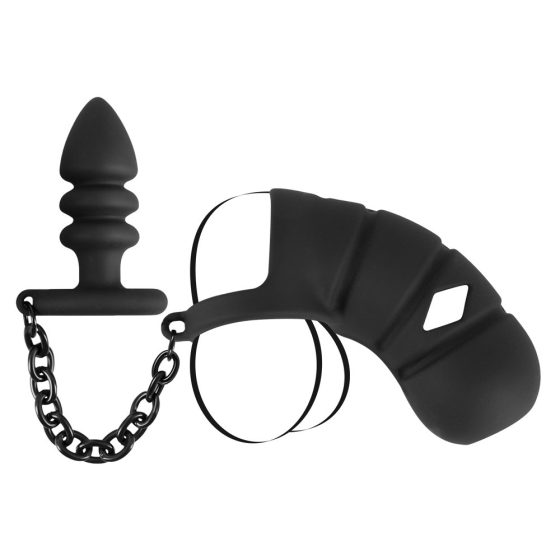 Black Velvet - silicone penis cage with anal dildo (black)