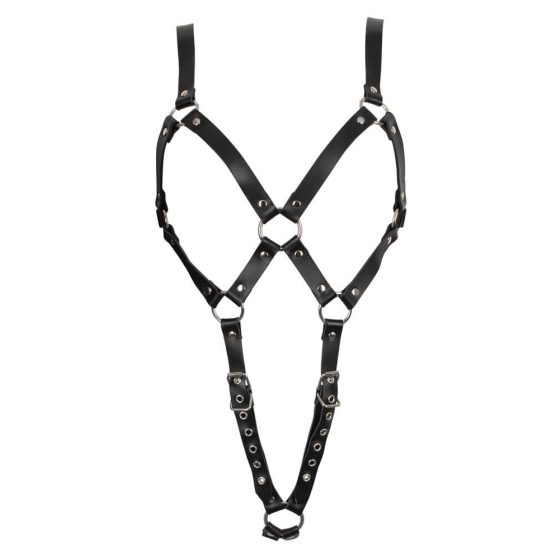 Metal ring leather body harness with straps (black) - L/XL