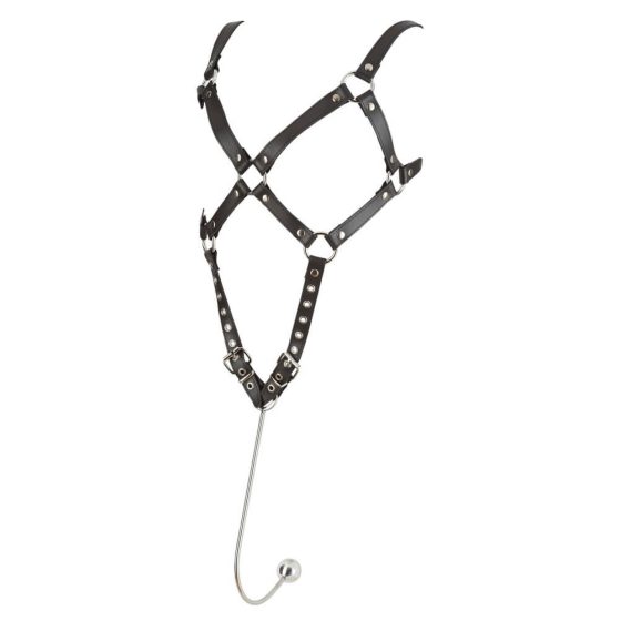Leather body harness body with metal hook - black (S-L)