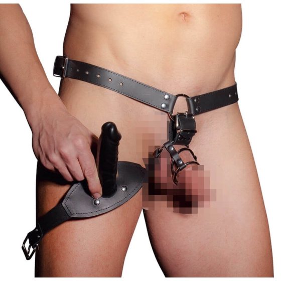 Leather thong with dildo, 3 penis rings - L/XL