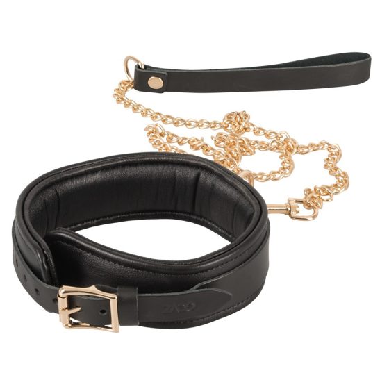 ZADO - genuine leather collar with leash (black-gold)