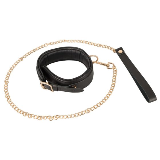 ZADO - genuine leather collar with leash (black-gold)