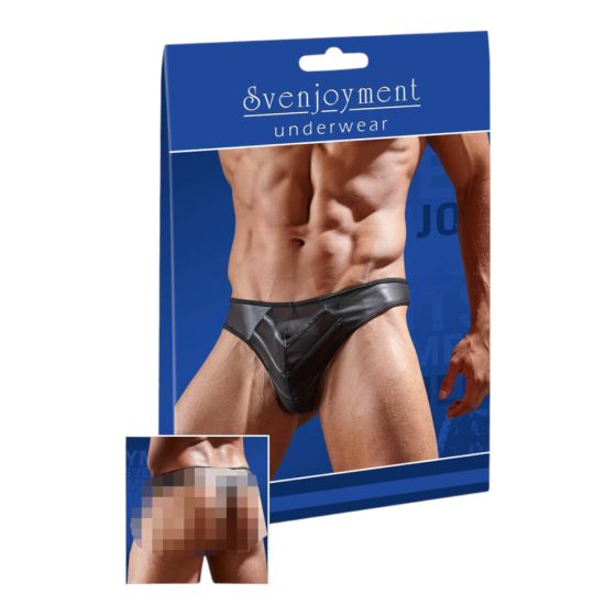 Shiny men's thong with transparent inserts (black) - M