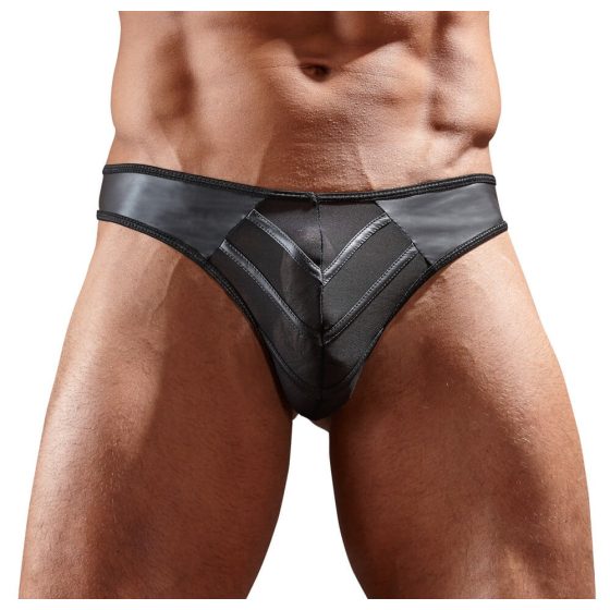 Shiny men's thong with transparent inserts (black) - L