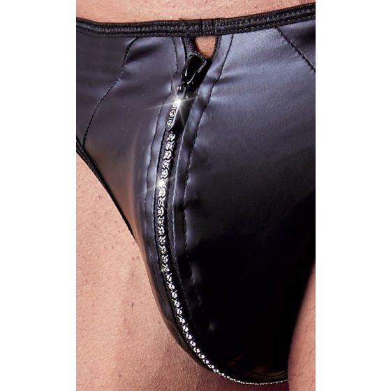 Svenjoyment - men's shiny thong with rhinestone zipper (black) - M