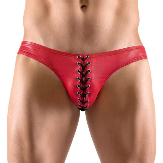 Svenjoyment - Men's black lace-up shiny underwear (red) - M