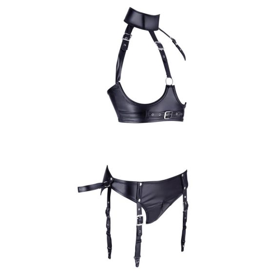Cottelli Bondage - shiny open bra set with cuffs (black) - L