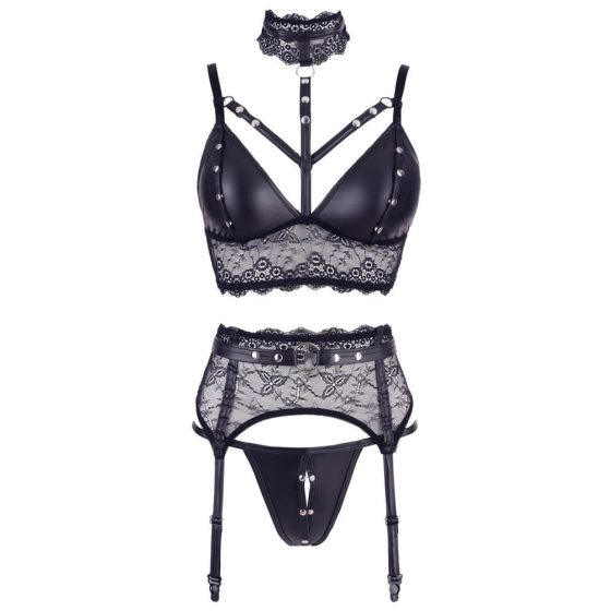 Cottelli Bondage - Lace and shine lingerie set with handcuffs (black)