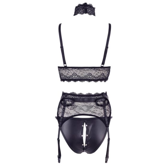 Cottelli Bondage - Lace and shine lingerie set with handcuffs (black)