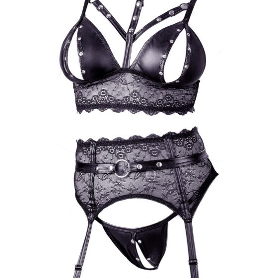 Cottelli Bondage - Lace and shine lingerie set with handcuffs (black) - M