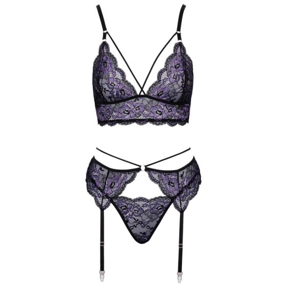 Cottelli - 3 piece lace lingerie set (black-purple)