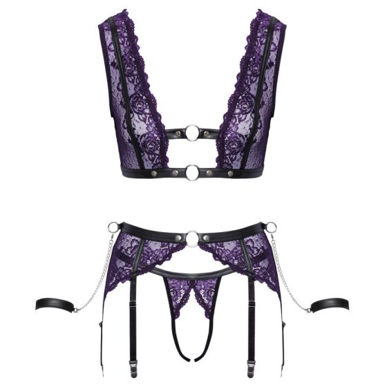 Cottelli Bondage - Lingerie Set with Handcuffs (black-purple)