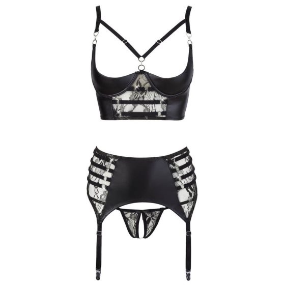 Abierta Fina - Sparkly strappy-lace lingerie set (black) - 80B/M