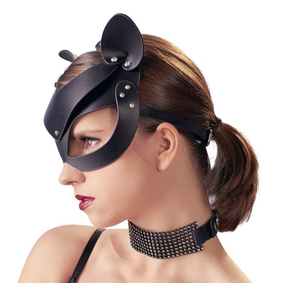 Bad Kitty - faux leather, rhinestone cat mask - black (S-L)