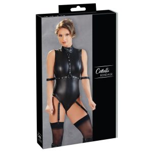 Cottelli Bondage - sleeveless, shiny body with handcuffs (black) - L