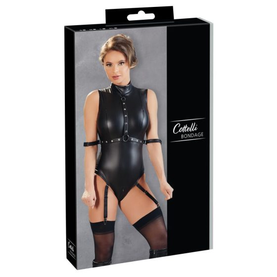 Cottelli Bondage - sleeveless, shiny body with handcuffs (black) - L