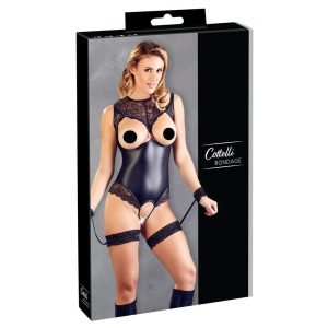 Cottelli Bondage - lace and shiny open body with handcuffs (black) - M