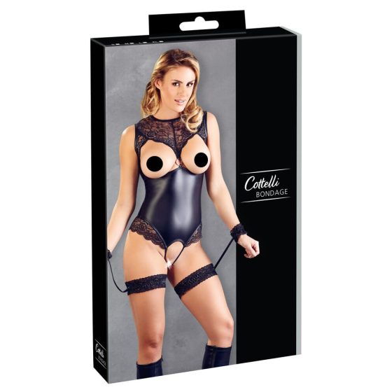 Cottelli Bondage - lace and shiny open body with handcuffs (black) - XL