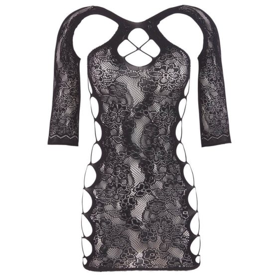Mandy Mystery - floral patterned fishnet dress with thong - black (S-L)