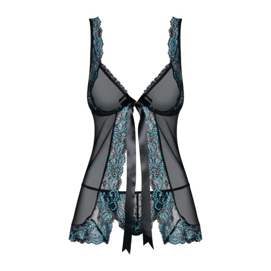 Obsessive Amanta - embroidered edged babydoll with thong (black-turquoise)