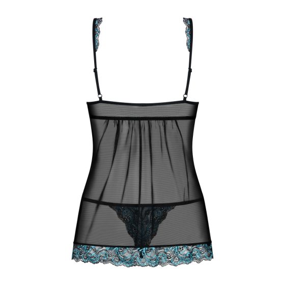 Obsessive Amanta - embroidered edged babydoll with thong (black-turquoise) - L/XL