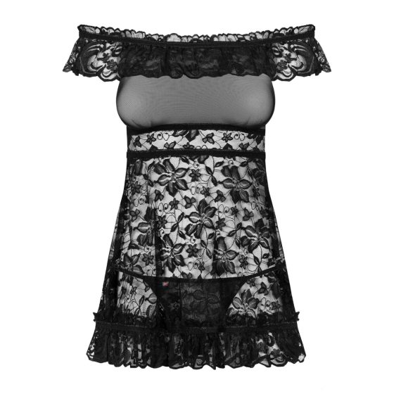 Obsessive Flores - ruffle-floral babydoll with thong (black) - L/XL