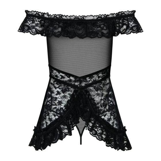 Obsessive Flores - ruffle-floral babydoll with thong (black) - L/XL