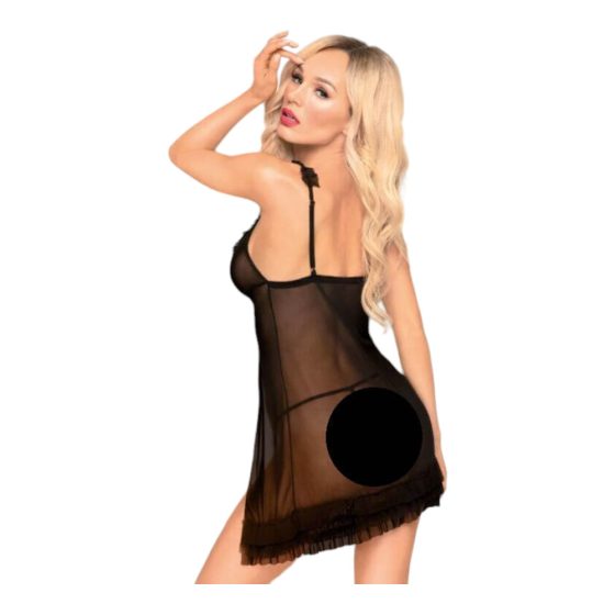 Penthouse After Sunset - ruffled, sheer babydoll with thong (black)