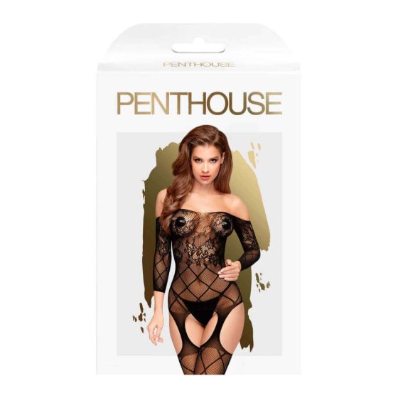 Penthouse Top-notch - trellis-floral, open, necc set (black) - XL