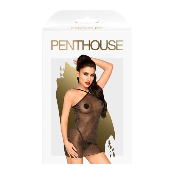 Penthouse Bombshell - shiny, sheer dress with thong (black) - M/L
