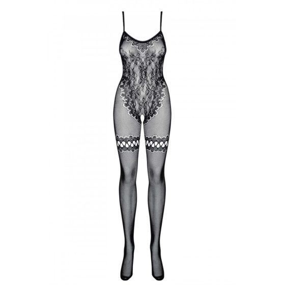 Obsessive F213 - floral jumpsuit with mesh thigh highs - black (S-L)