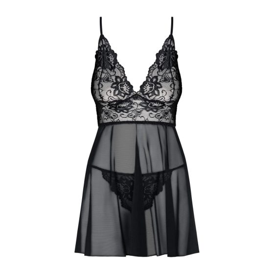 Obsessive Idillia - Linen lace nightdress with thong (black) - L/XL