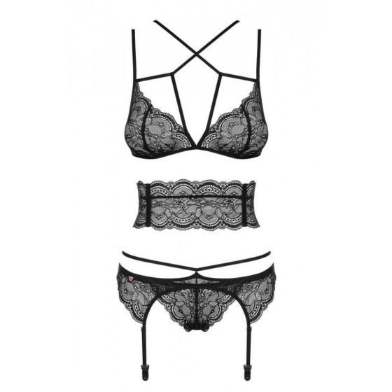 Obsessive Frivolla - racy lace lingerie set - 4 pieces (black) - L/XL