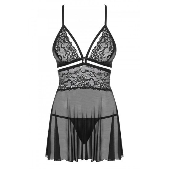 Obsessive 838-BAB-1 - sheer, piquant lace babydoll with thong (black) - L/XL