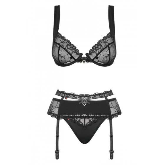 Obsessive Heartina - Floral Lingerie Set with Heart Decoration (Black)